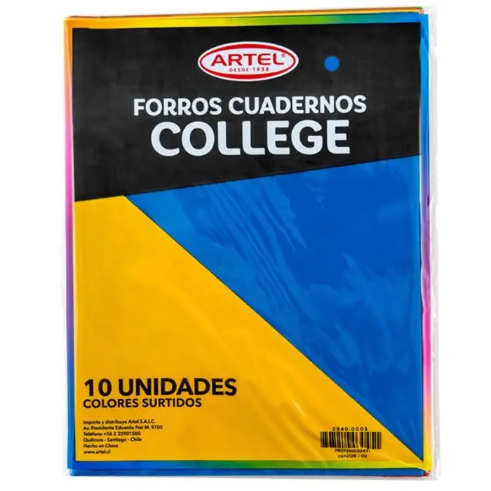 Bolsa 10 Forros Cuaderno College Colores Artel
